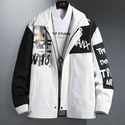 Men's Polyester Typography Print Jacket White